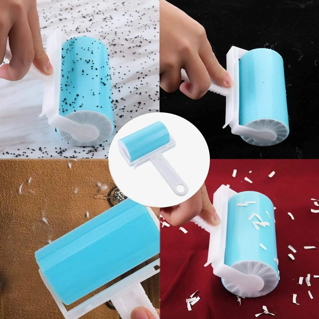 Blue washable reusable lint roller with cover for removing pet hair from clothes.