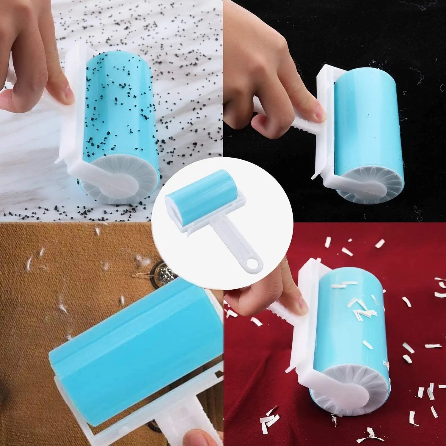 Blue washable reusable lint roller with cover for removing pet hair from clothes.