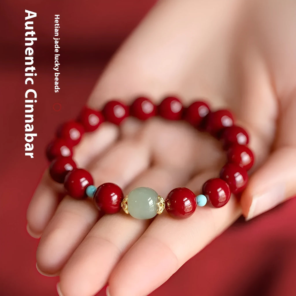 Purple gold sand cinnabar bracelet with geometric ellipse beads in 6mm, 8mm, or 10mm sizes.