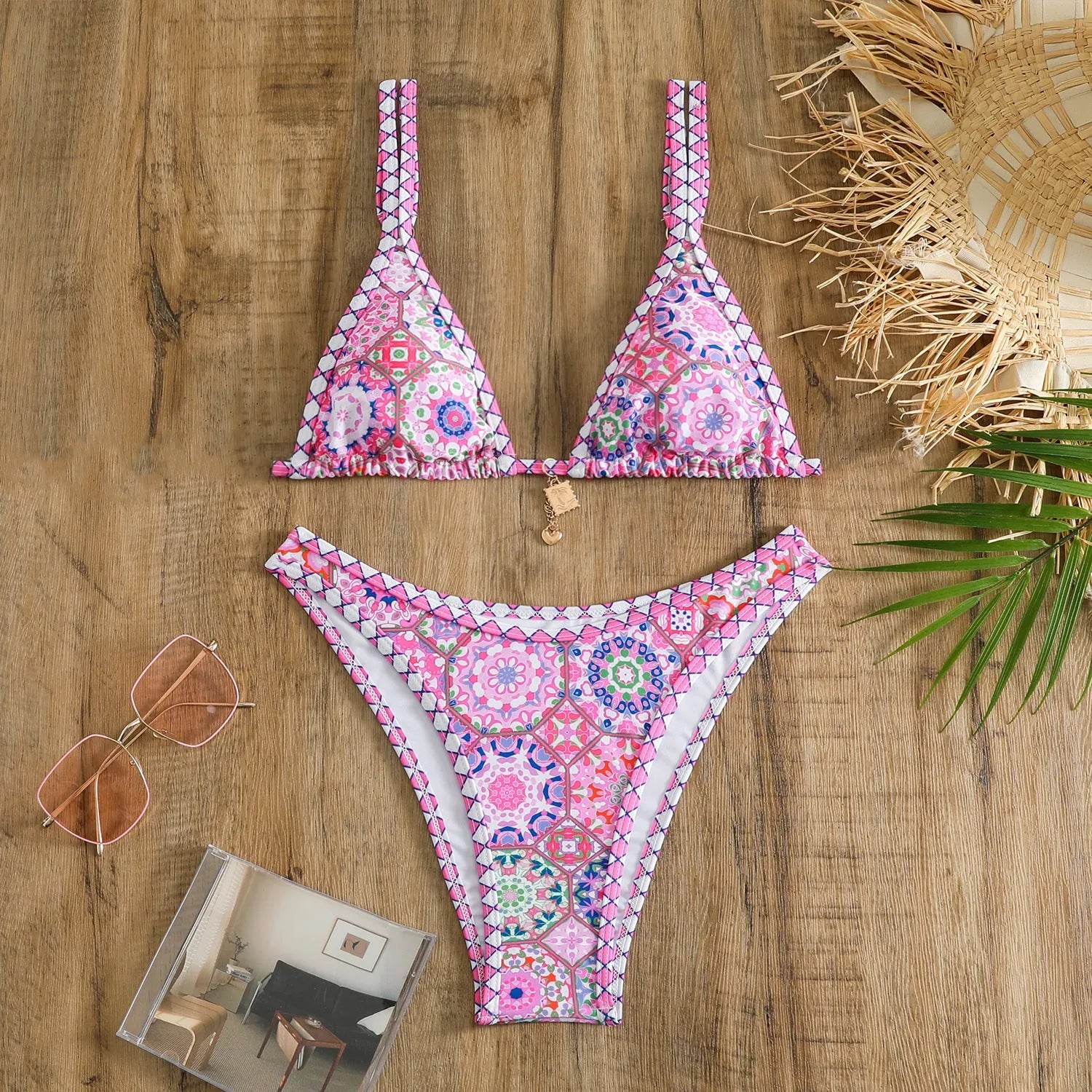 Retro printed women's bikini set in orange, pink, black, or blue colours for swimming sports