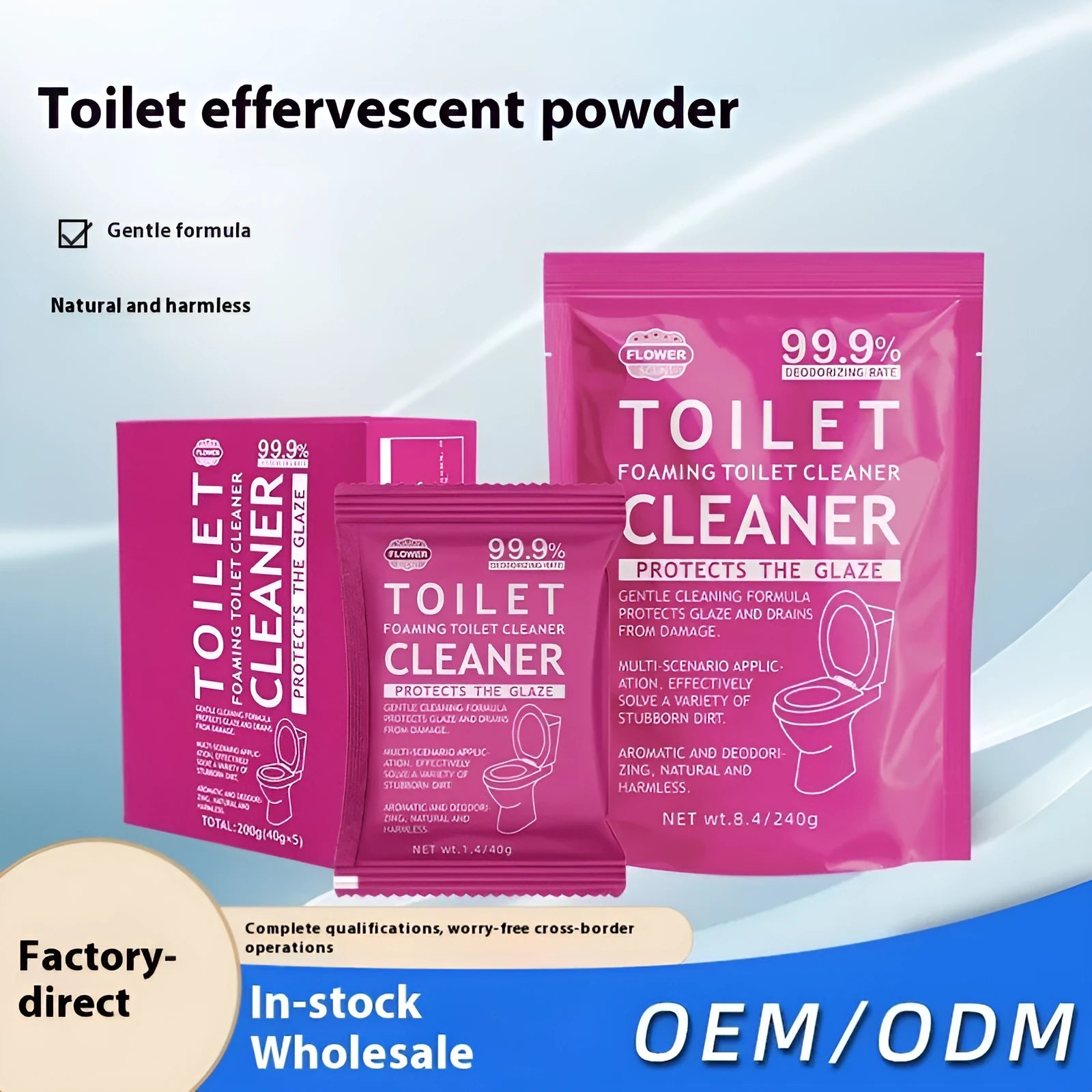 Box and bag of toilet bubble cleaning powder in blue ocean and pink floral fragrance options.