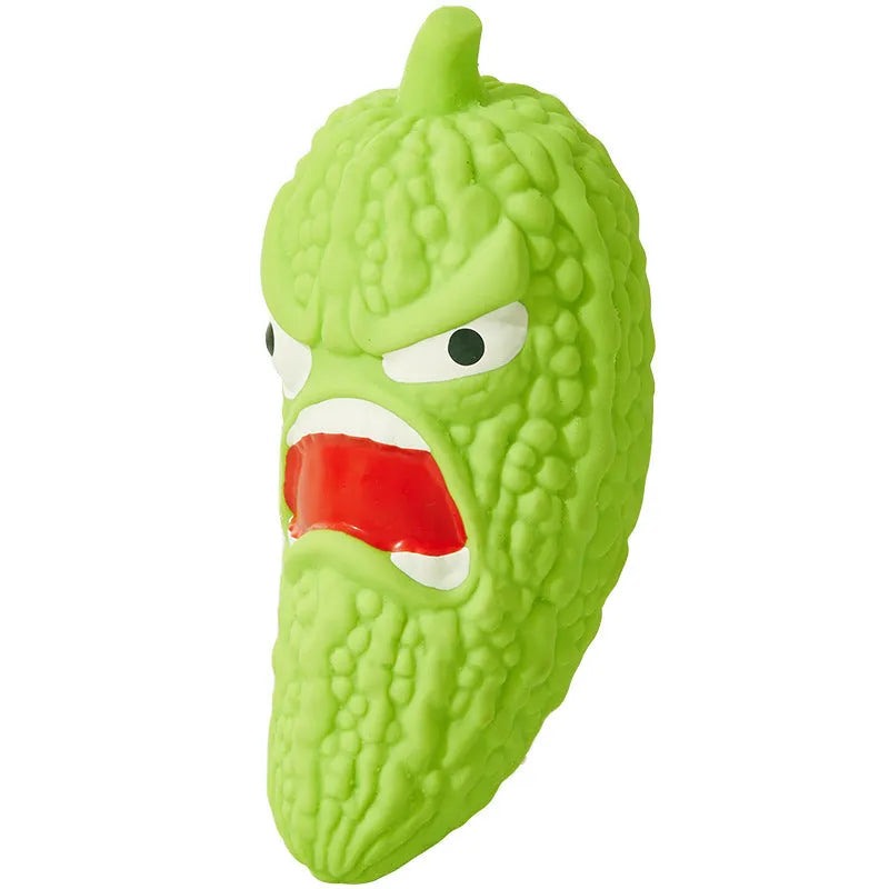 Bitter melon and chili shaped dog chew toys with textured surfaces for teeth grinding