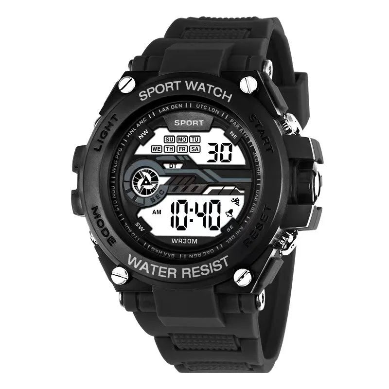 Digital electronic wristwatch with a colourful silicone strap on a wrist, showing the LED display.