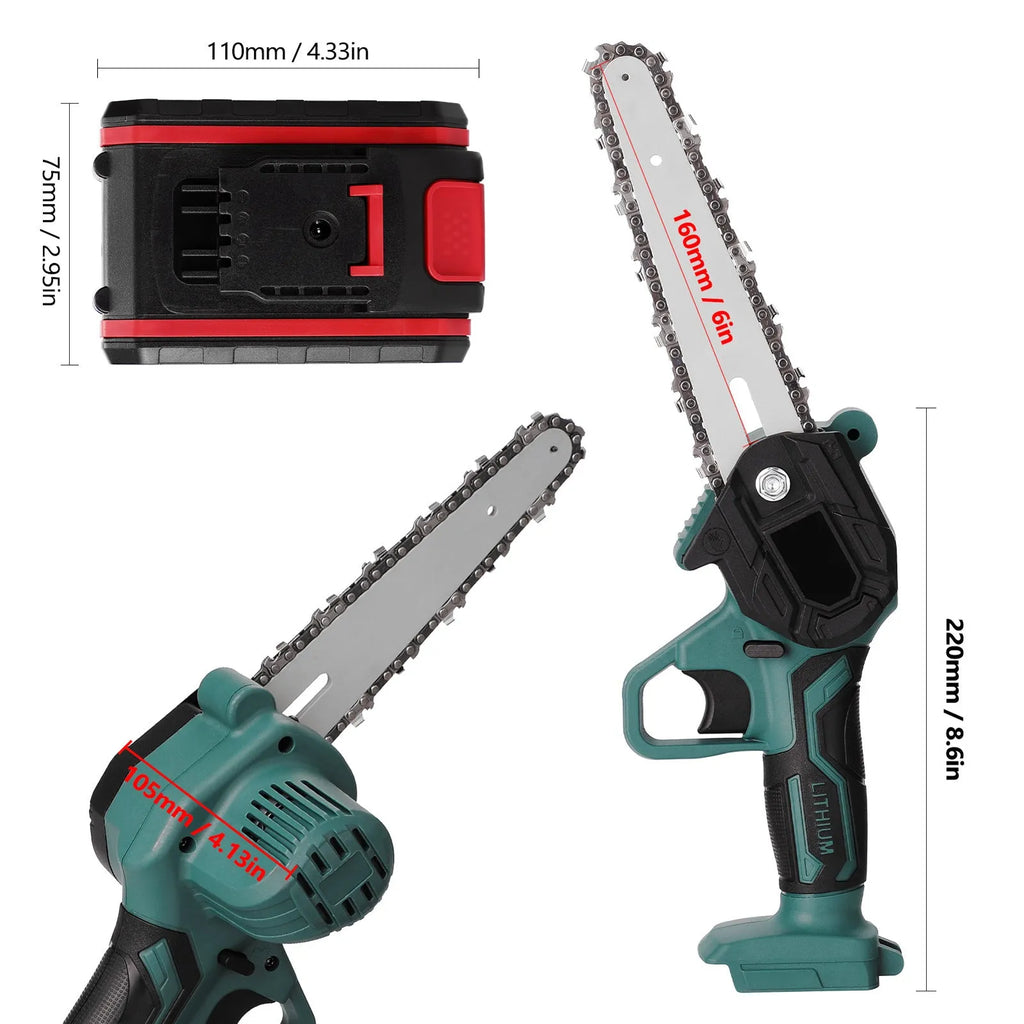 Black mini electric chainsaw with 4-inch guide and lithium battery for one-handed wood cutting