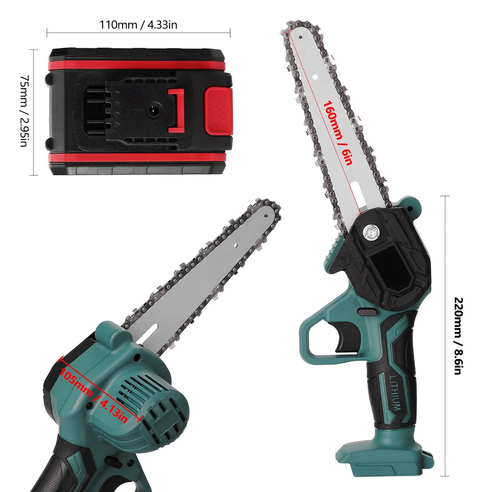 Black mini electric chainsaw with 4-inch guide and lithium battery for one-handed wood cutting