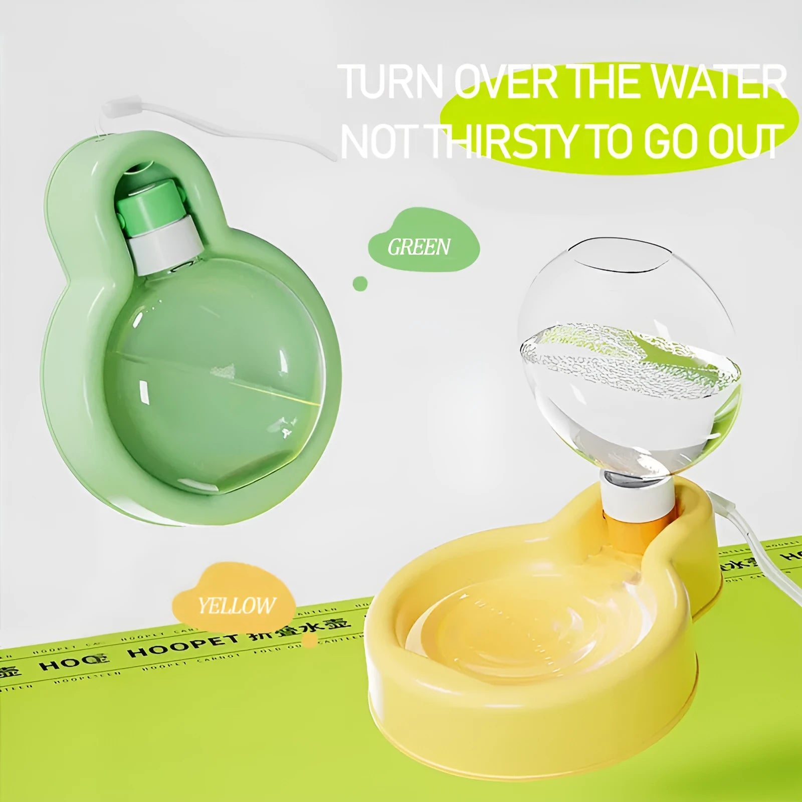 Green portable dog water bottle with integrated drinking bowl for outdoor travel and activities
