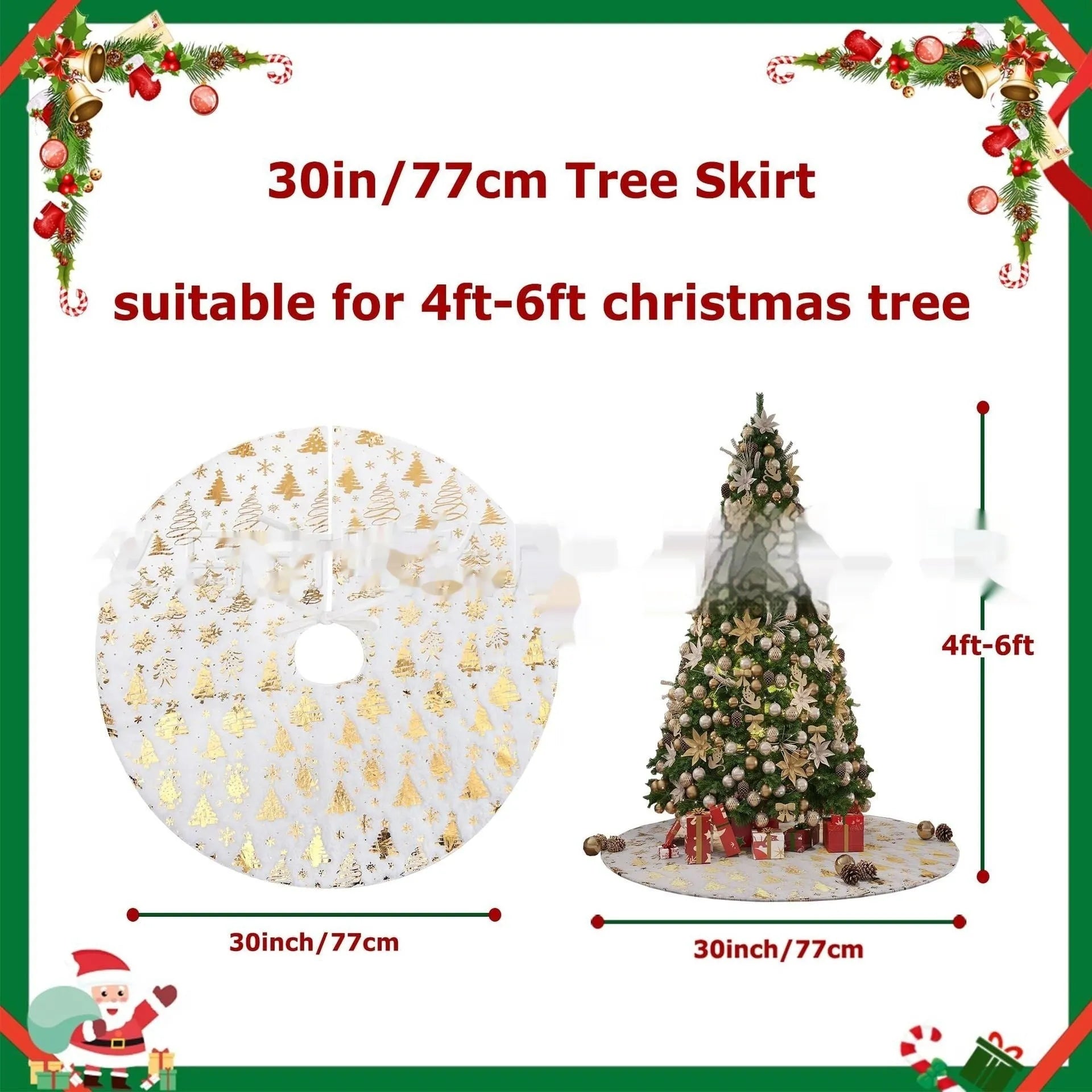 Plush red and green Christmas tree shaped rug with snowflake and star decorations on a wooden floor.