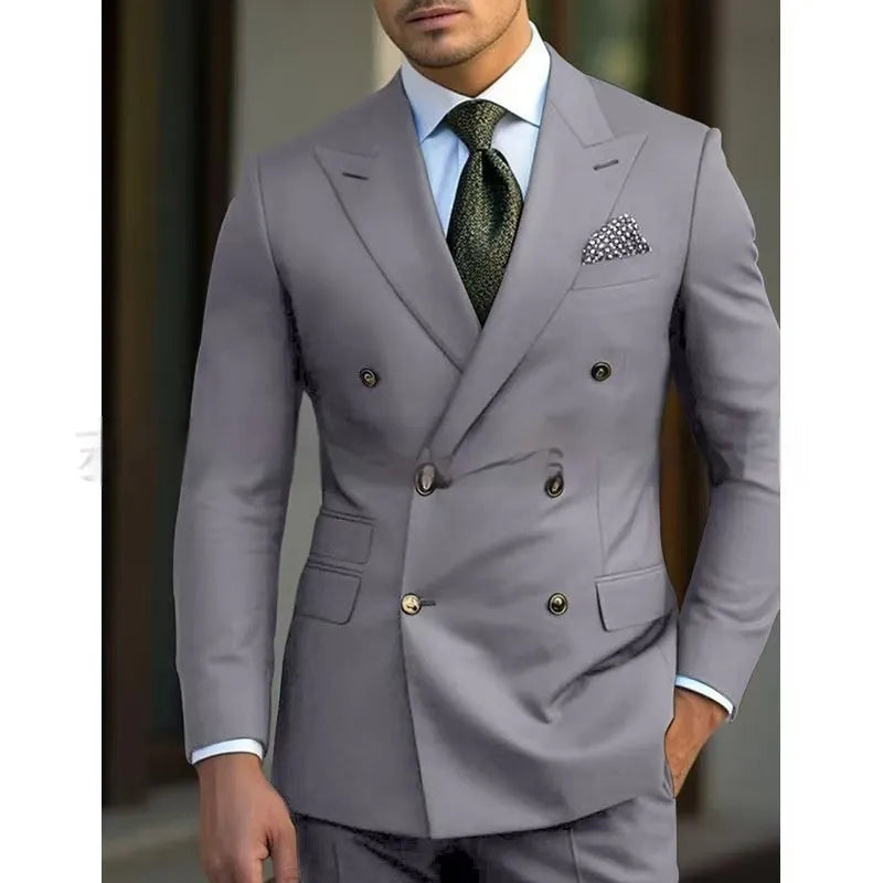 Men's two piece light business suit set in cotton blend fabric available in brown navy and gray sizes XXS to 7XL