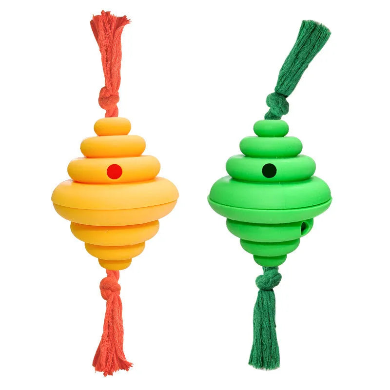 Green dog ball with rope toy showing split design and food dispenser hole