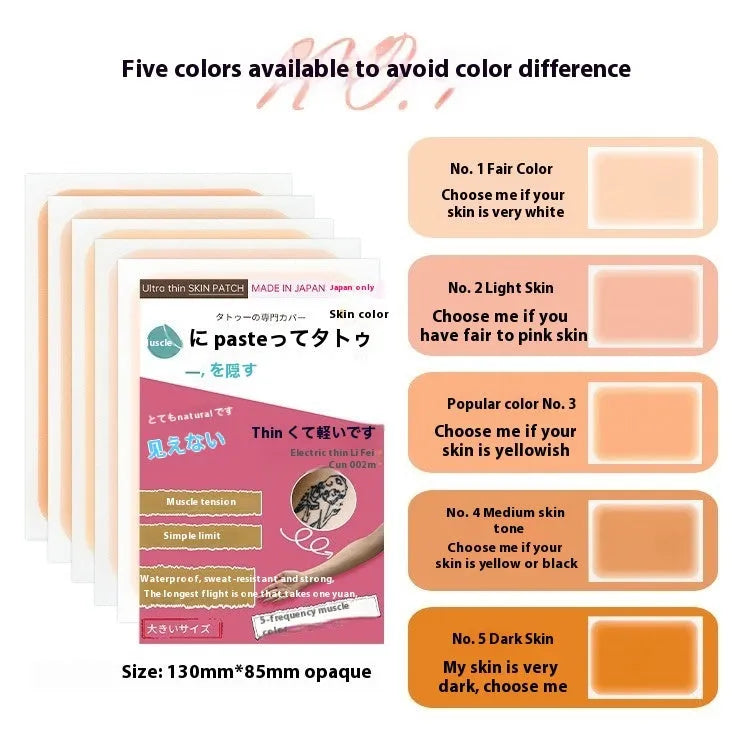 Pack of adhesive tattoo cover patches in various skin tone colours on a white background.