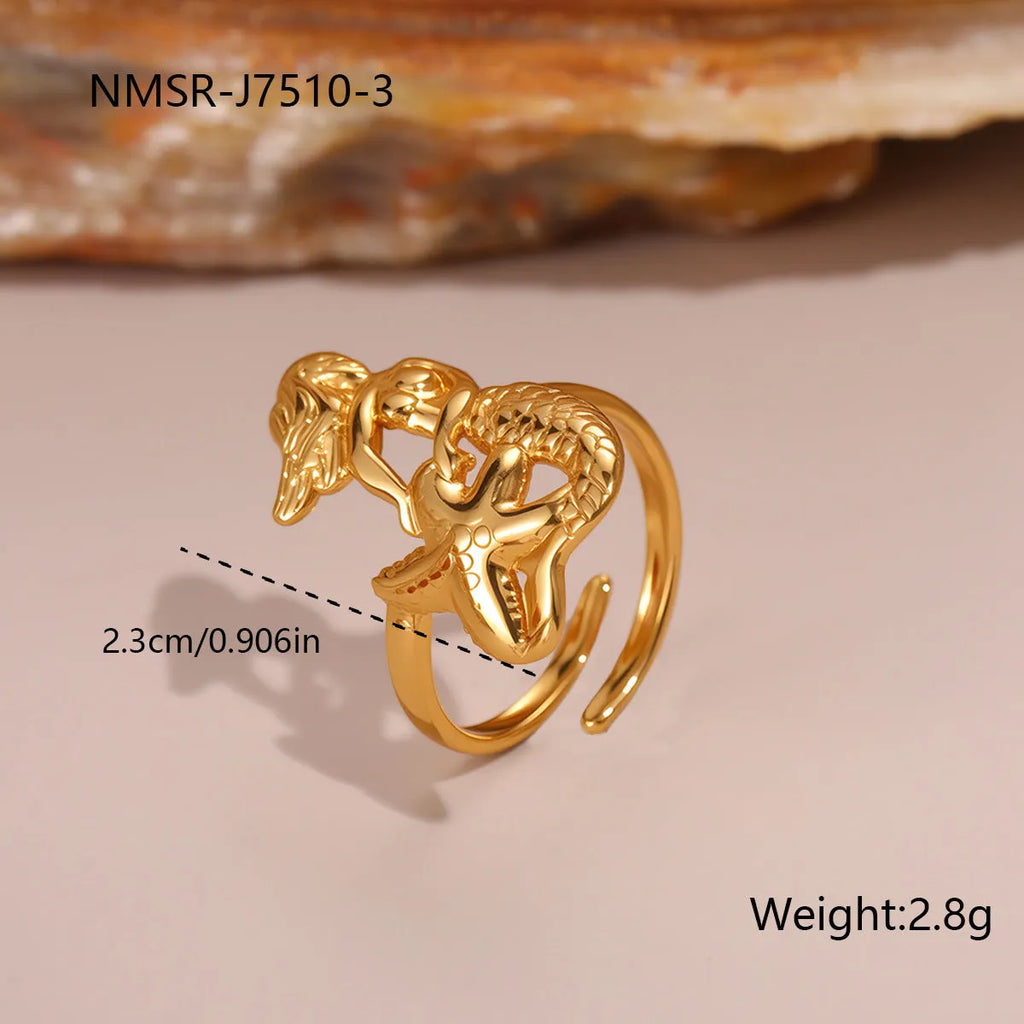 Stainless steel open design geometry ring with flower ocean pattern for women in affordable luxury style