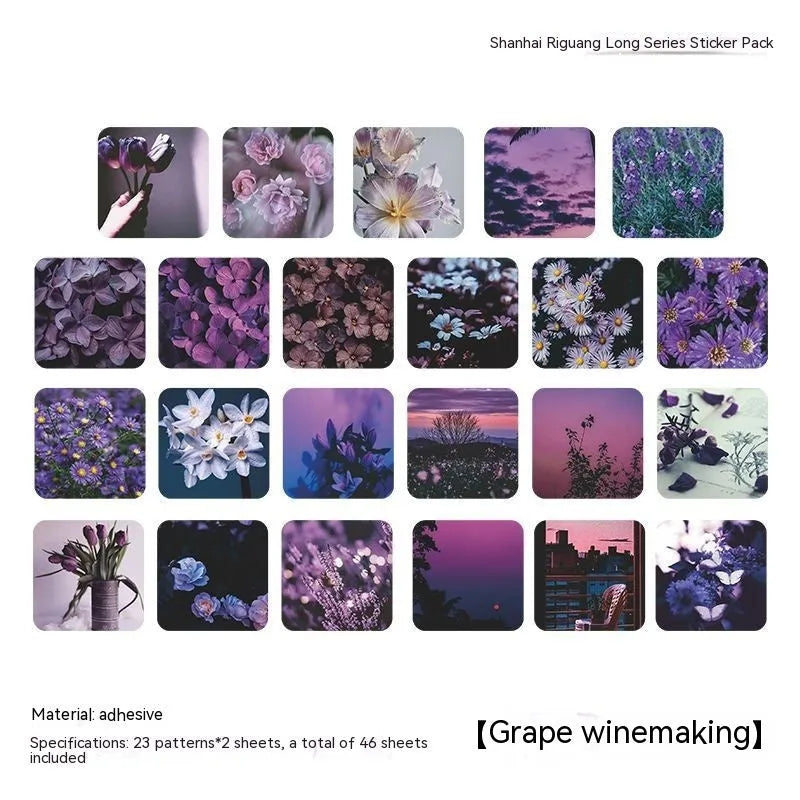 Nordic mountain and sea sunshine decorative stickers in 44mm square format with six design variations