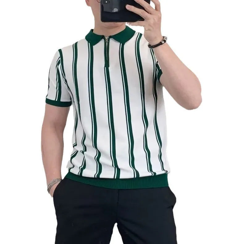 Korean vintage stripe men's casual T-shirt with zip-up front and cartoon pattern in black colour
