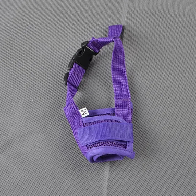 Adjustable plastic dog muzzle in assorted colours on a size chart showing measurements from 12cm to 34cm.