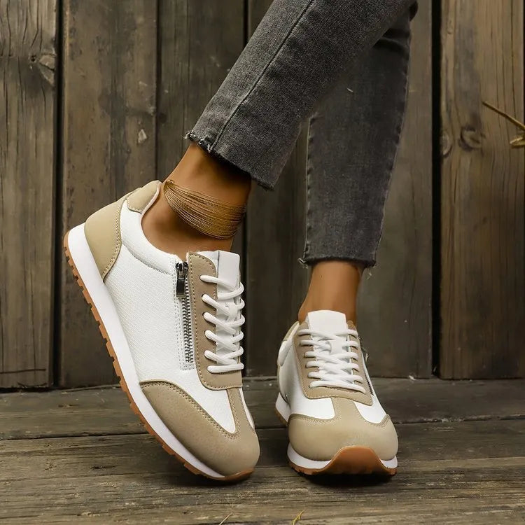 Women's flat-heeled shoes in grey, white or Champagne with artificial PU uppers and rubber soles