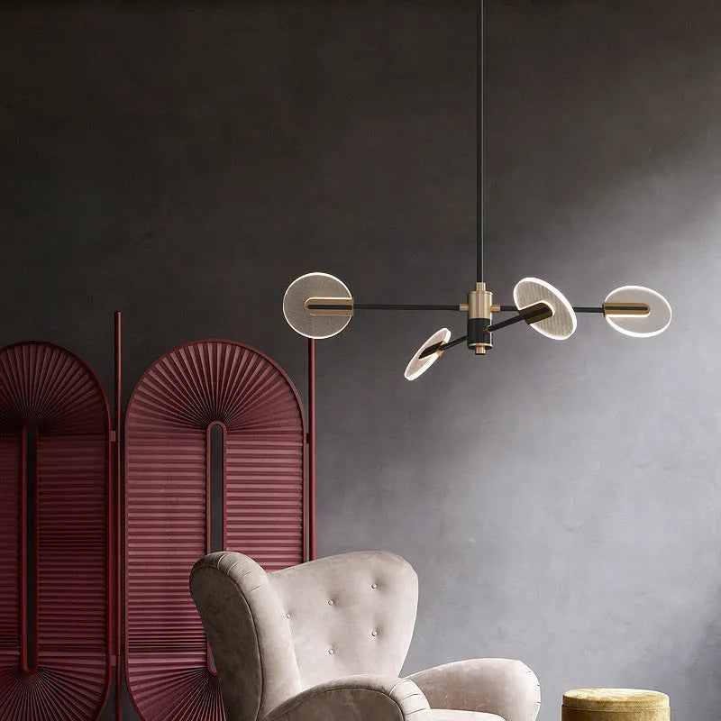 Modern iron frame LED chandelier with acrylic shade, shown in a multi-head pendant configuration.