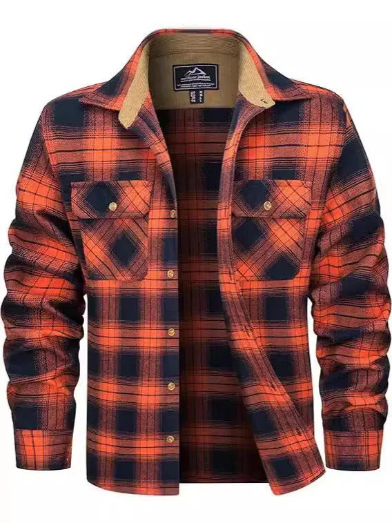 Man wearing a plaid button-down flannel shirt in cardigan style, showcasing orange and green colour options.