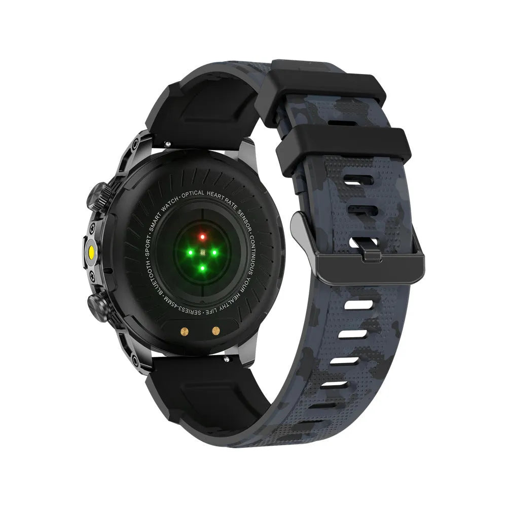 Sports smartwatch with AMOLED display on wrist showing heart rate monitoring interface