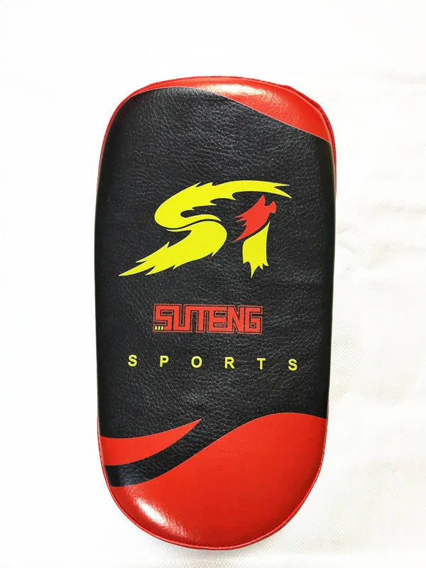 Black and red hand-held martial arts foot target with double buckle for boxing and Sanda training