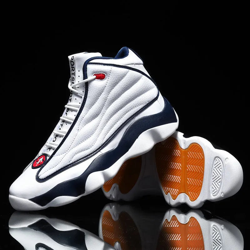 High-top basketball shoes with thick rubber sole and mesh upper in AJ13 colour options