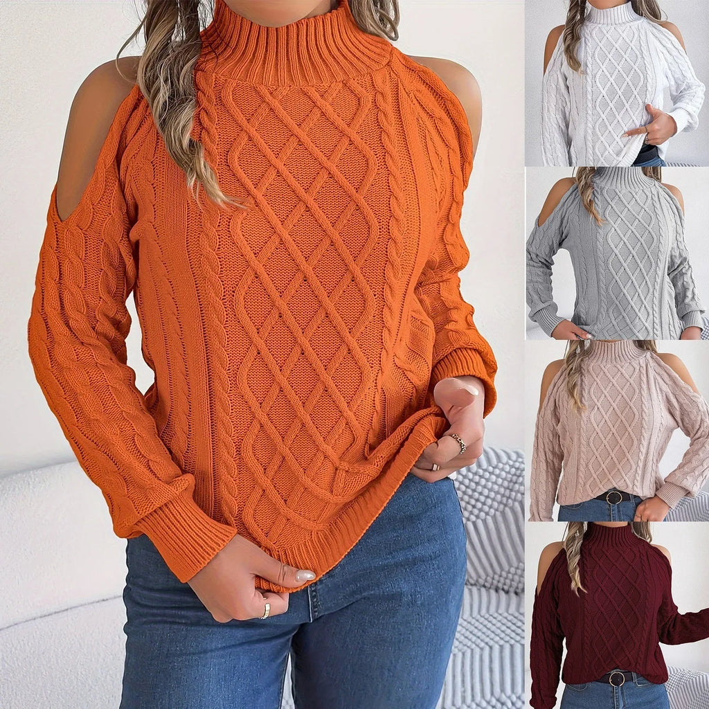 Women's twisted knit sweater with strapless half-high collar and long lantern sleeves in acrylic