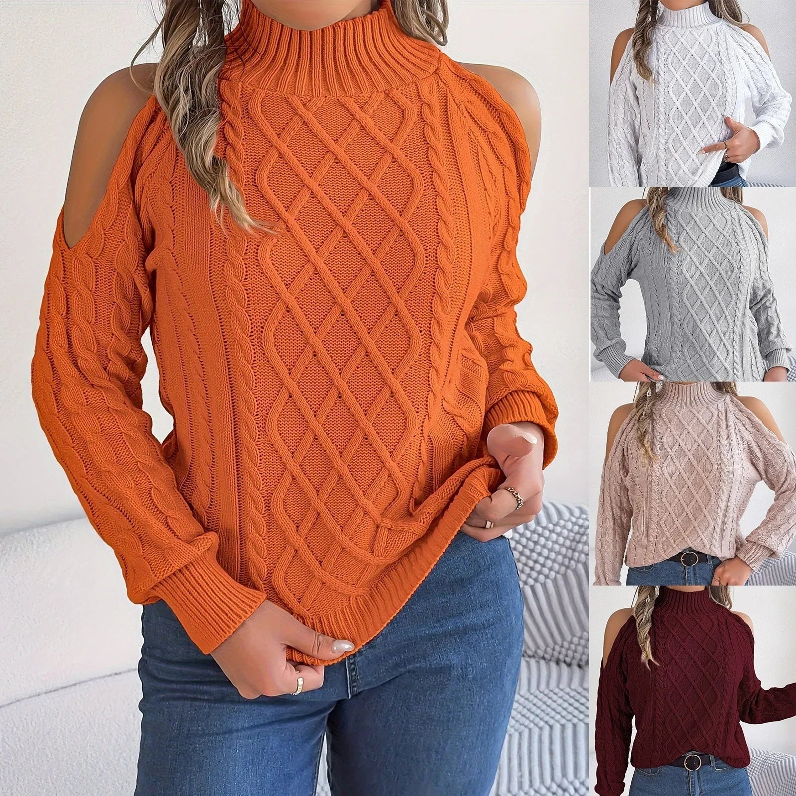 Women's twisted knit sweater with strapless half-high collar and long lantern sleeves in acrylic