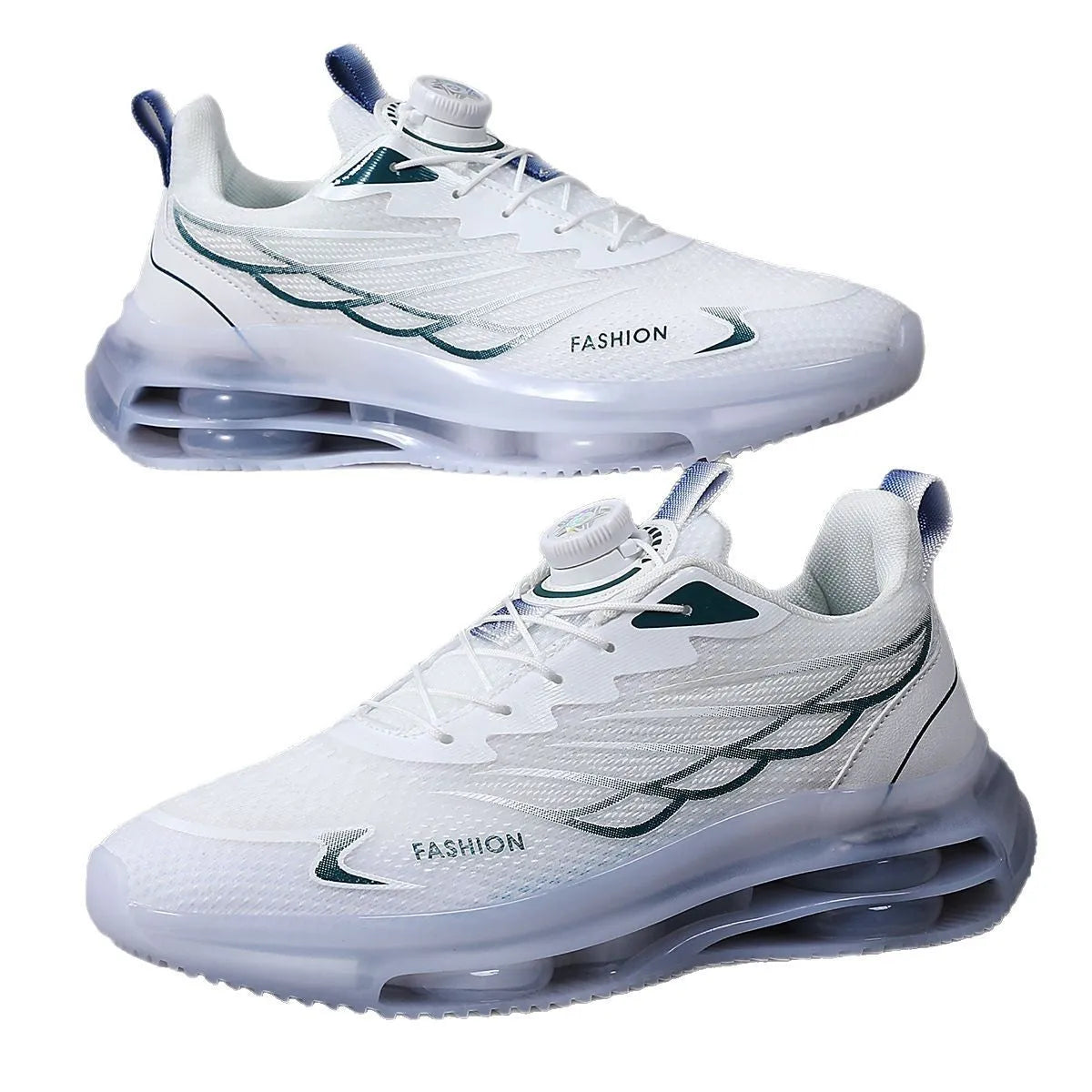 White mesh casual trainers with rotating button lacing system and rubber sole