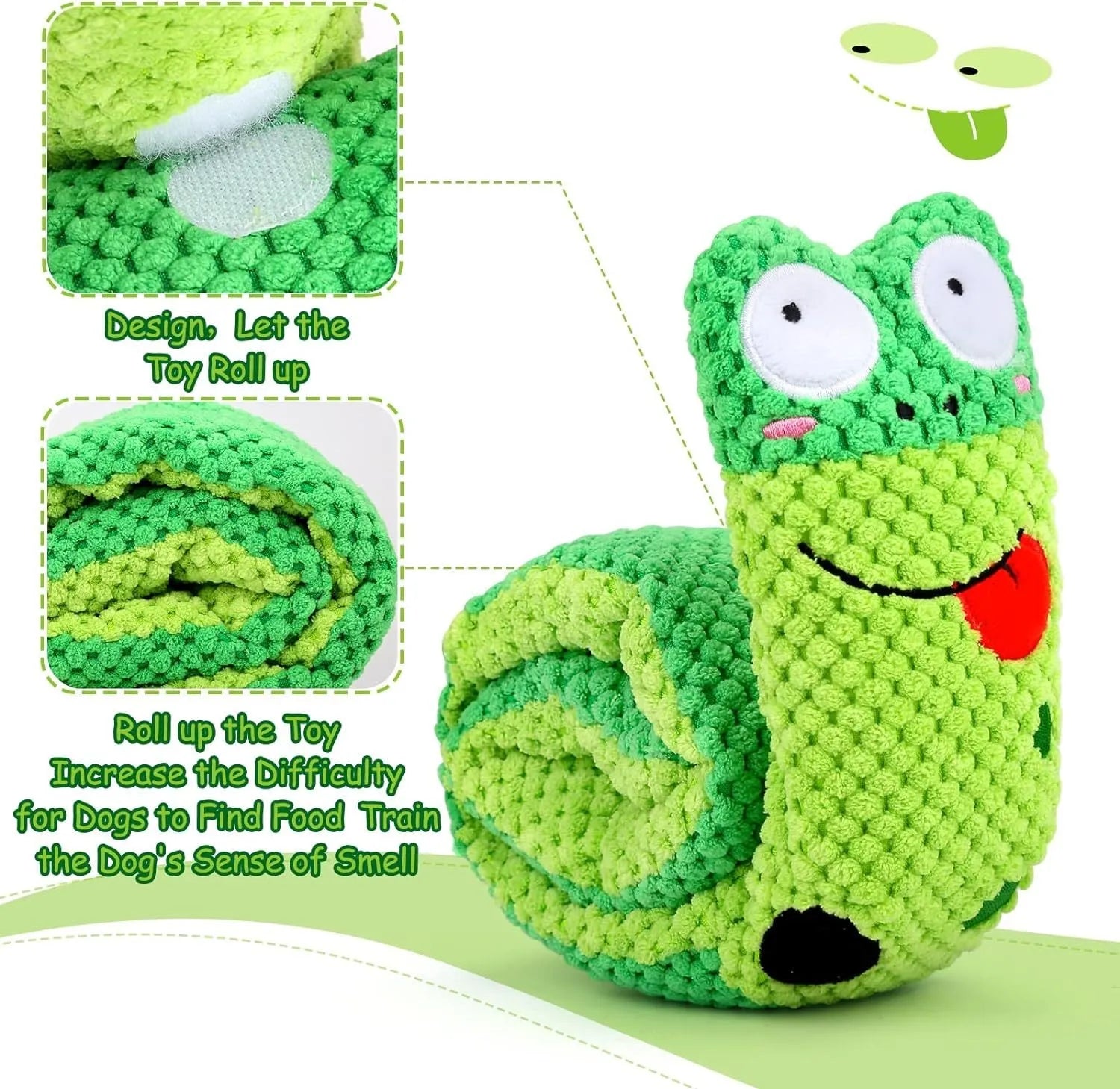 Squeaky dog puzzle snuffle toy that transforms into snail or stick shape for foraging games.