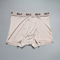 Men's loose silk shorts in navy blue, showing mid waist and relaxed fit.