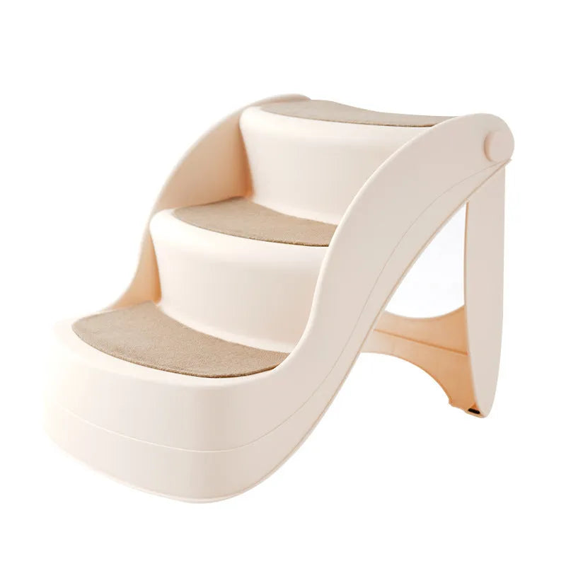 Foldable plastic pet stairs in beige colour with non-slip mat for small dogs and cats