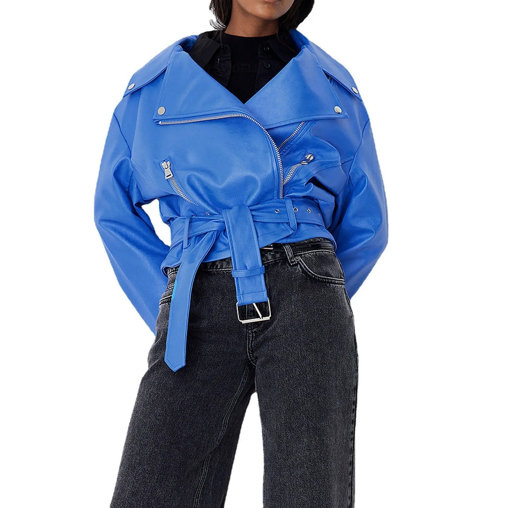 Black punk style short leather jacket with a Peter Pan collar and drawstring waist on a hanger.