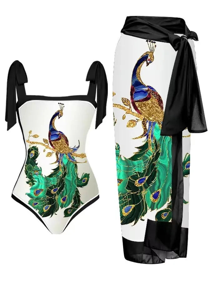 Women's printed chiffon two-piece swimsuit set with a separate hip skirt.