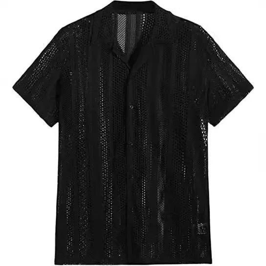 Men's white knitted short-sleeve button shirt with cardigan style street fashion design