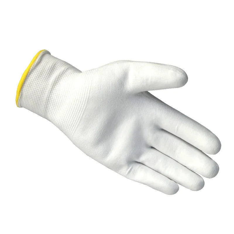 White PU-coated labour gloves showing flexible construction and 24 cm length