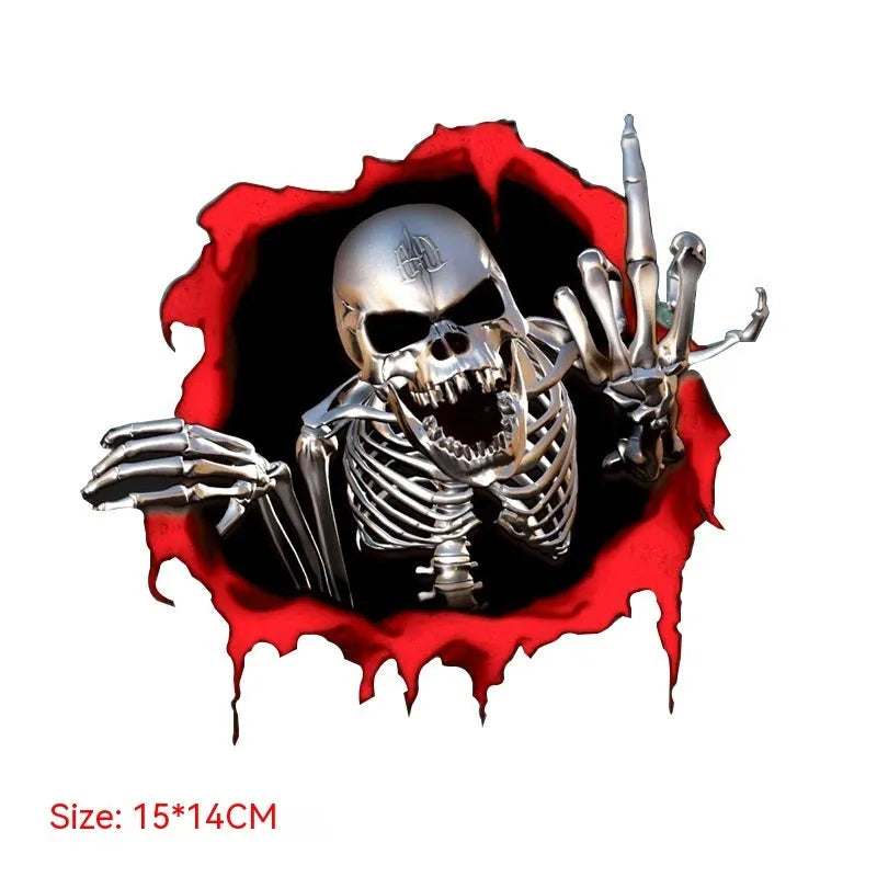 Reflective metal skull car bumper sticker with colourful broken shell design measuring 15x14cm