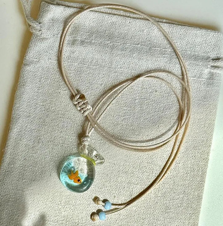 Women's coloured glaze joker pendant necklace on cotton linen clavicle chain