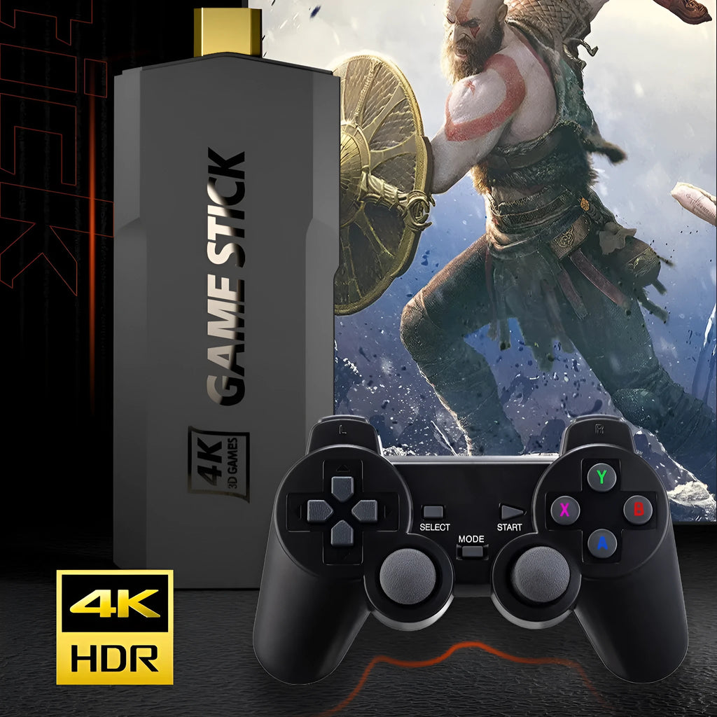 Compact black HD home TV game console with wireless controller on a stand