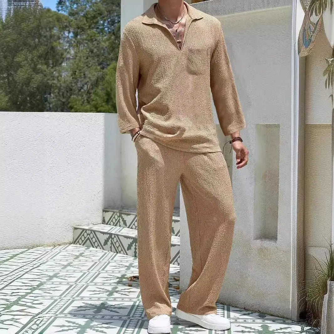 Men's casual shirt trousers suit in polyester fabric available in four colours for autumn leisure wear