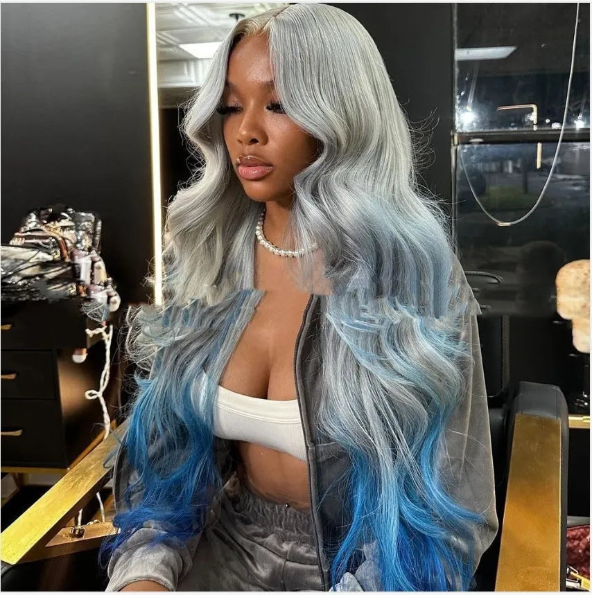 Gray and blue gradient human hair lace front headband wig on a model, showing long wavy hairstyle.
