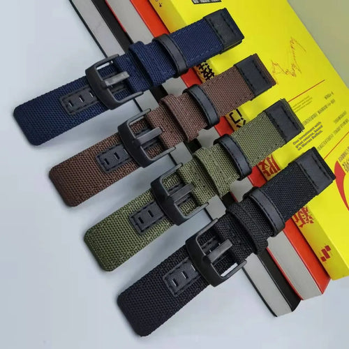 Oxford cloth canvas watch strap in camouflage colour, shown alongside black and blue options.