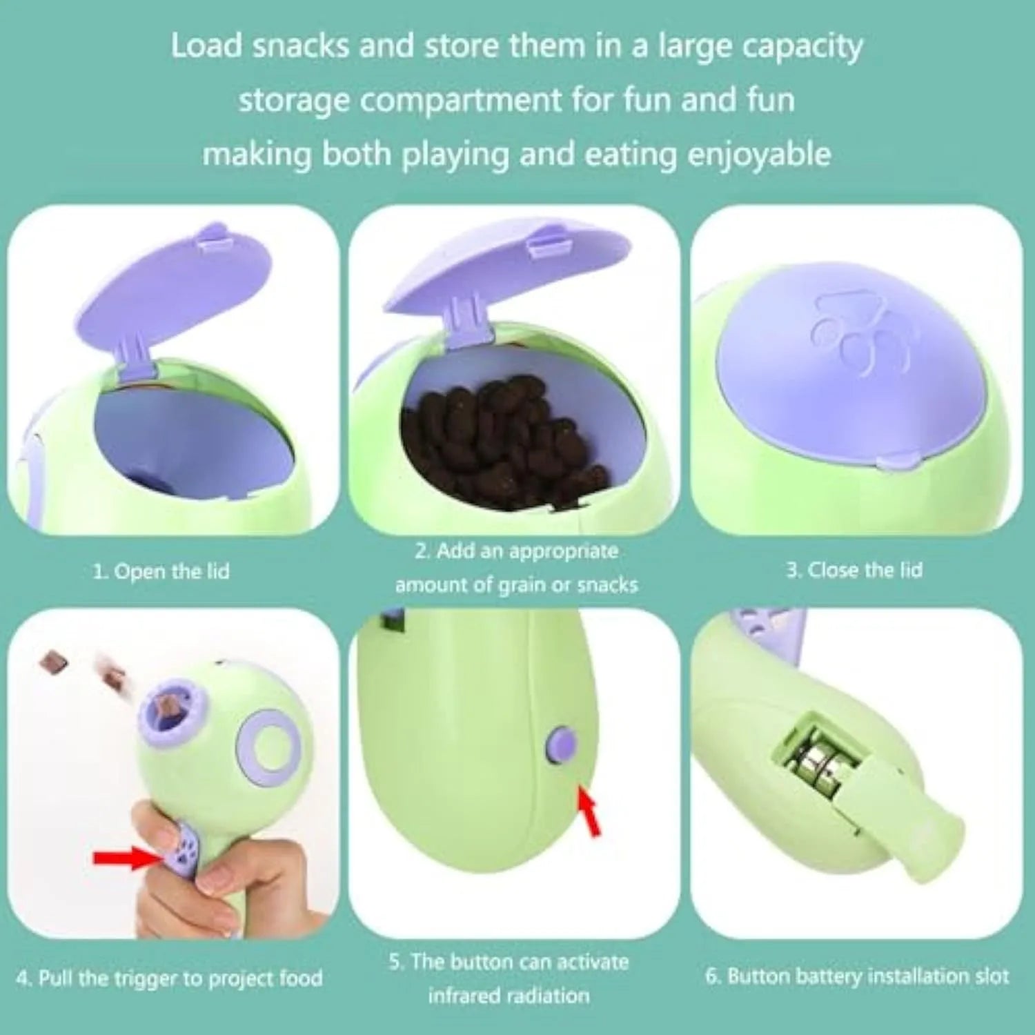 Green orange pink dog treat launcher toy food dispenser for training and interactive pet play