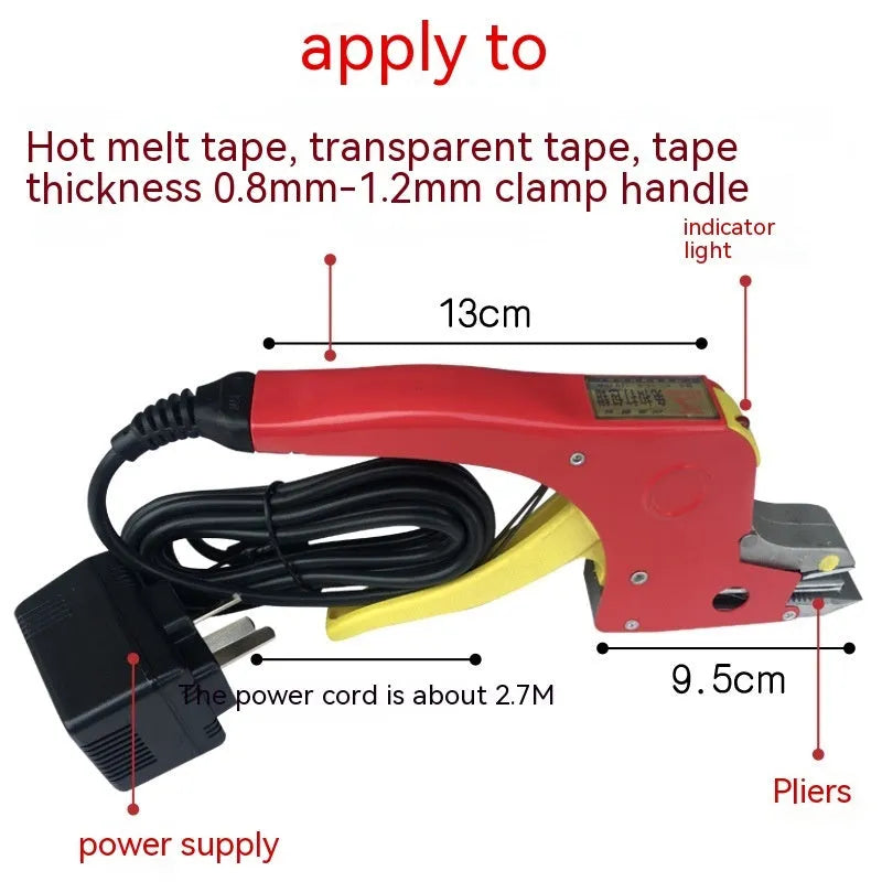 Portable electric hot melt packing machine with plastic steel tensioner and roll of yellow packaging tape.