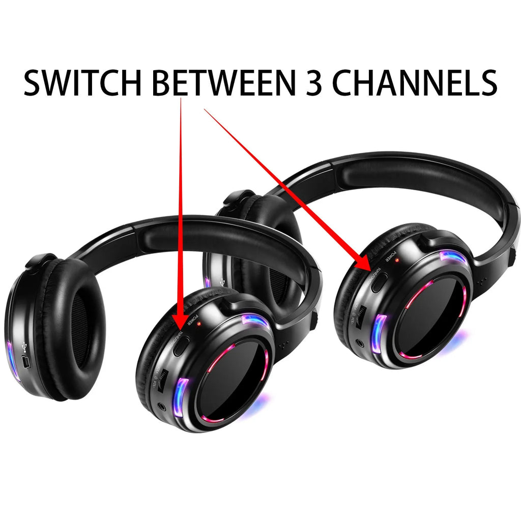 Black silent disco wireless headphones with 40mm drivers and built-in rechargeable battery for group party activities