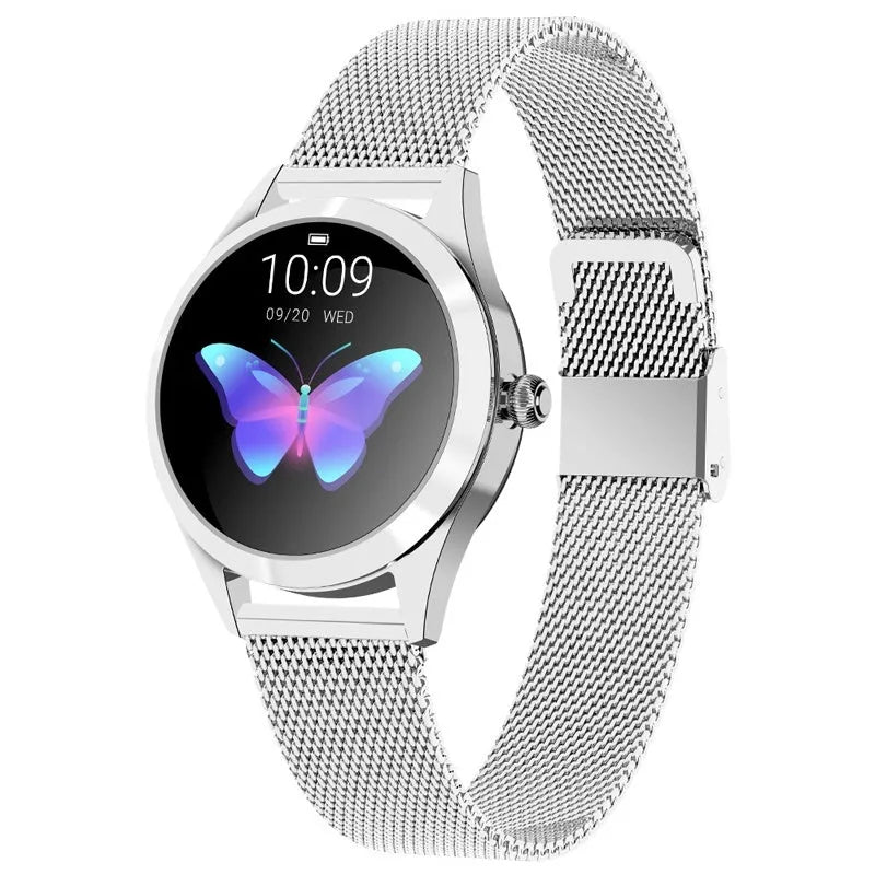 Women's multi-functional sports smartwatch showing heart rate monitoring and waterproof features