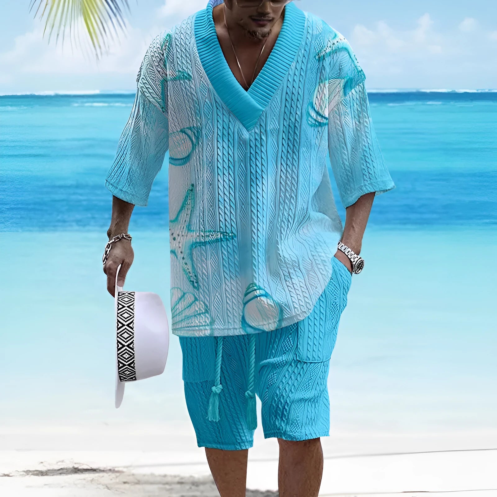 Loose casual short sleeve suit two-piece set in polyester fabric, showing top and shorts.