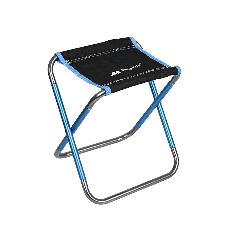 Black aluminium alloy folding stool in folded and unfolded positions