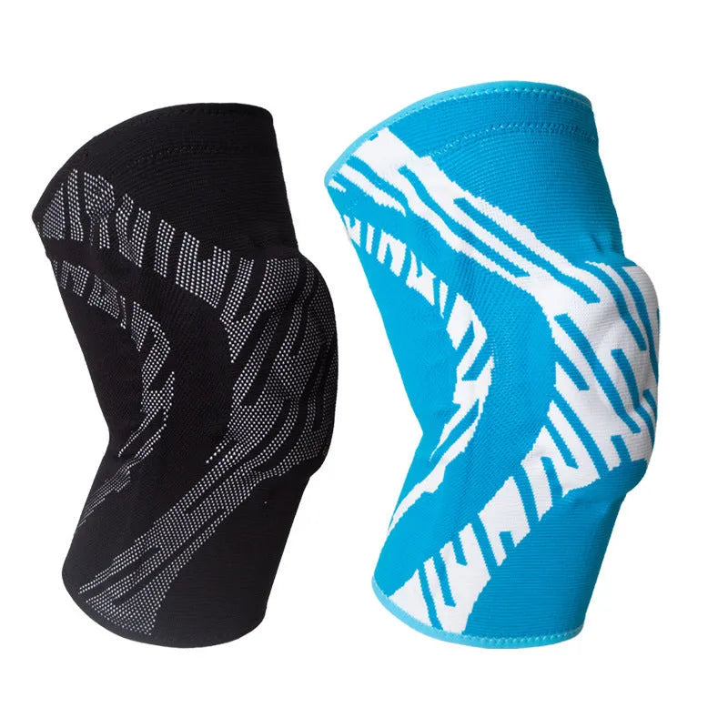 Men's black and blue nylon basketball knee pads shown in S, M, L, XL sizes