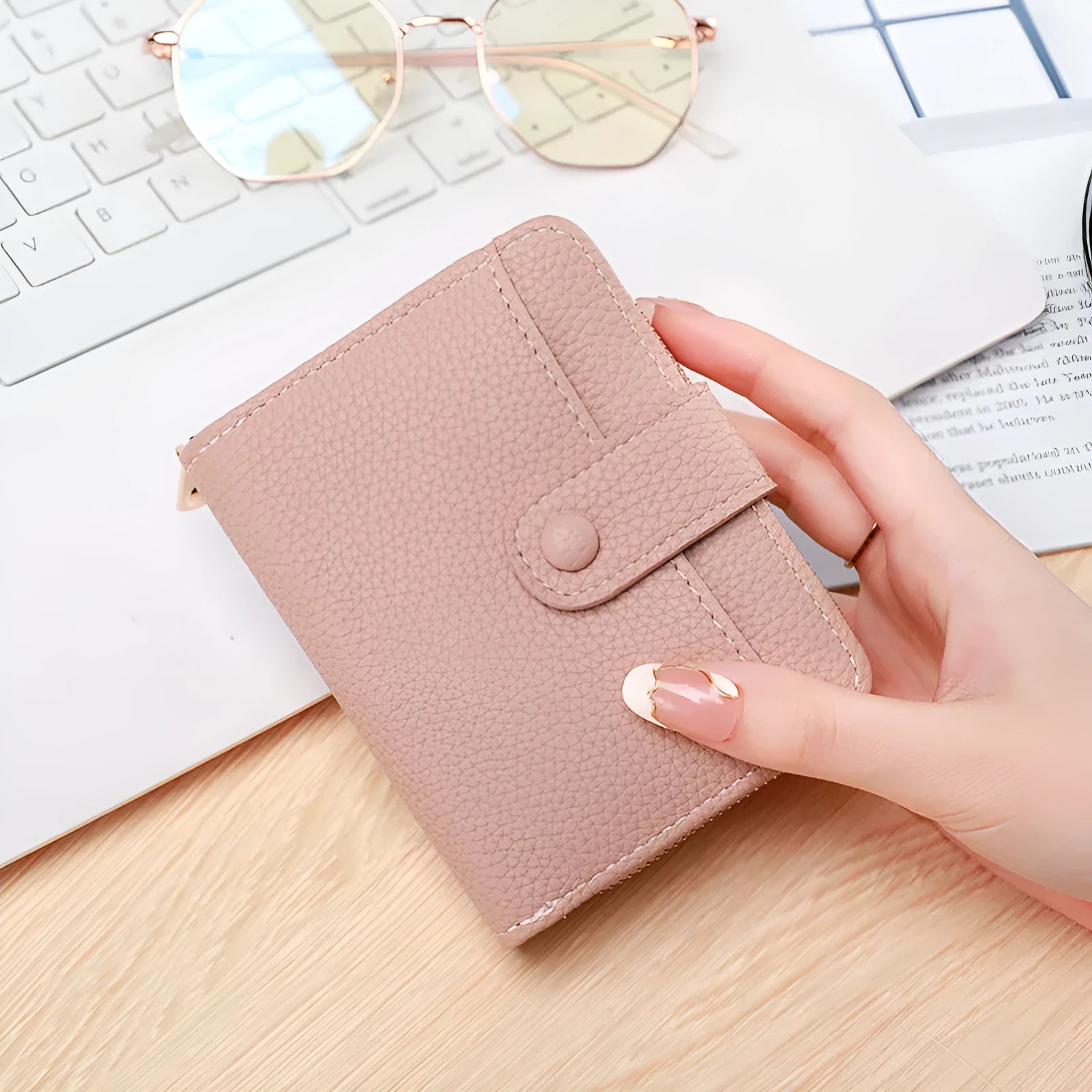 Ladies' short wallet with lychee pattern texture showing 2-fold design in beige, pink, black, and red colour options