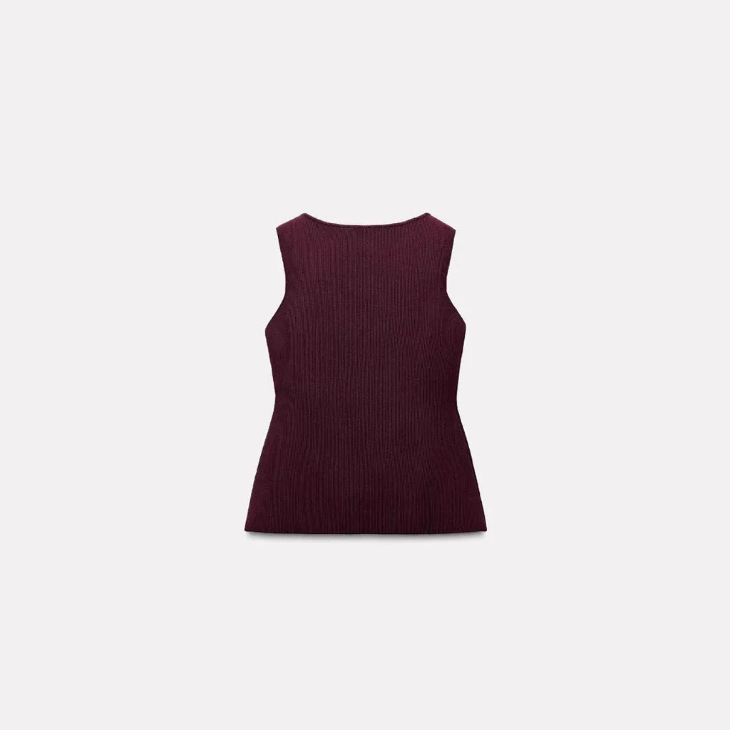 Women's dark red sleeveless sweater vest with gold buttons and 3D pattern, slim fit viscose cardigan