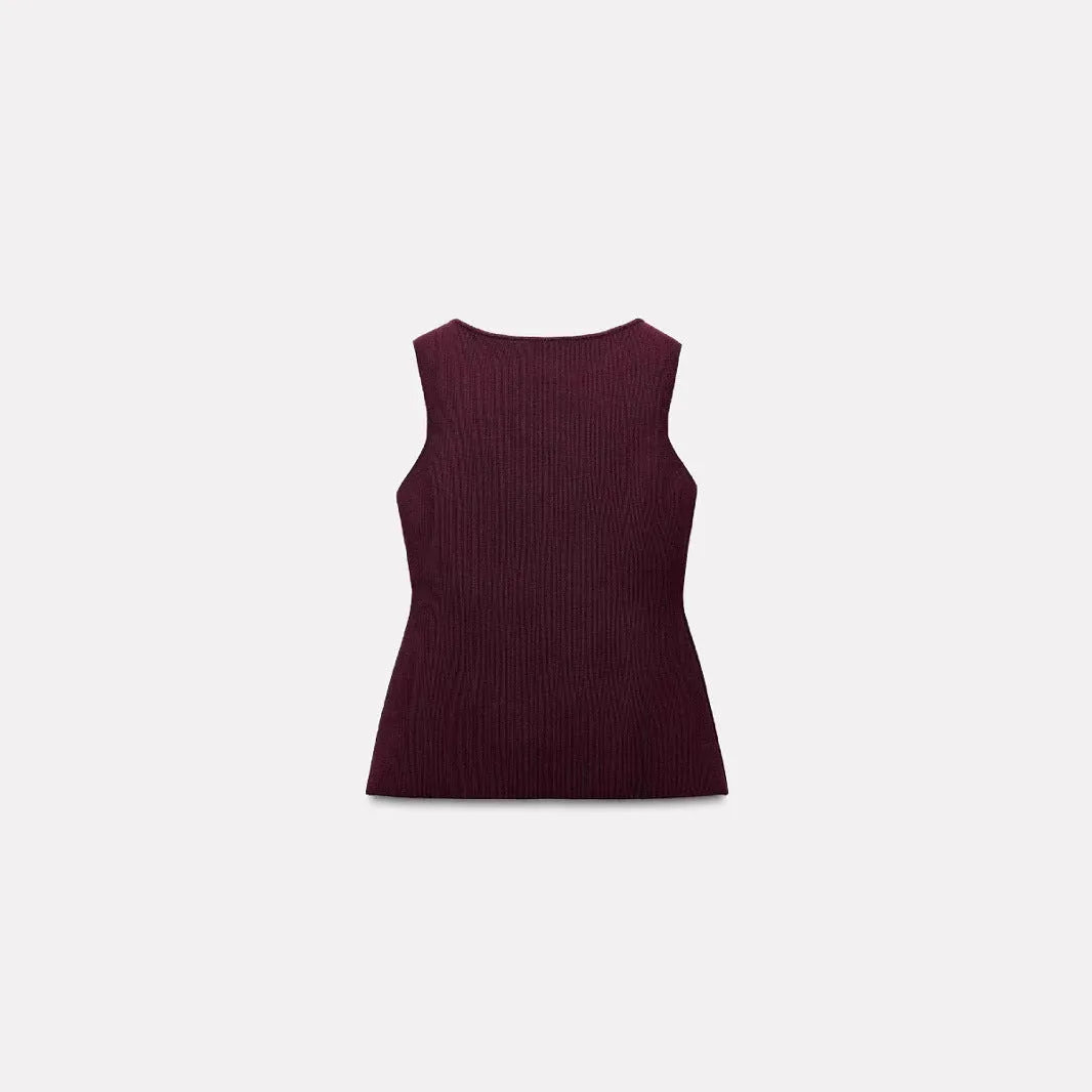 Women's dark red sleeveless sweater vest with gold buttons and 3D pattern, slim fit viscose cardigan